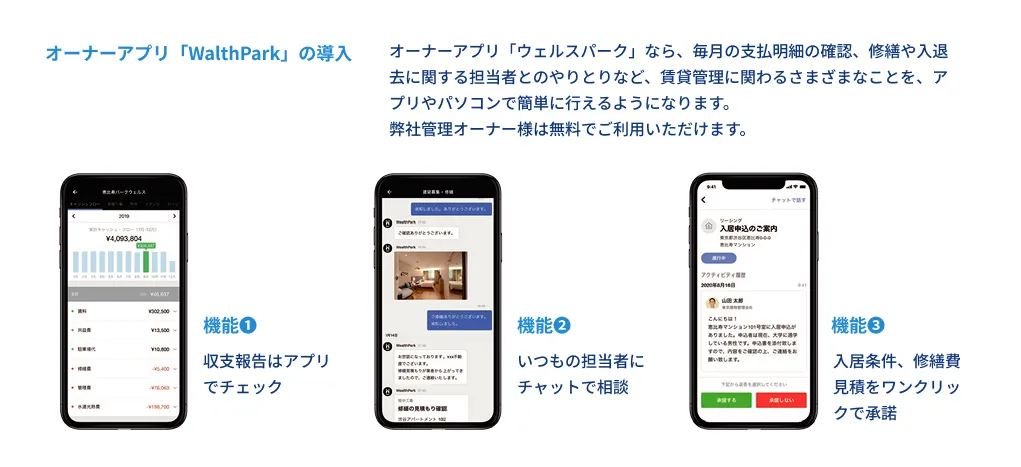 オーナーアプリ「WalthPark（ウォルスパーク）」の導入。毎月の支払明細の確認、修繕や入退去に関する担当者とのやりとりなど、賃貸管理に関わるさまざまなことをアプリやパソコンで簡単に行えます（弊社管理オーナー様は無料）。機能①収支報告はアプリでチェック、機能②いつもの担当者にチャットで相談、機能③入居条件・修繕費見積をワンクリックで承諾。